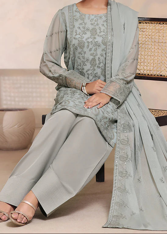 Grace Z(OLIVE WISPER) - Stitched Embroidered Chiffon 3PC Suit.