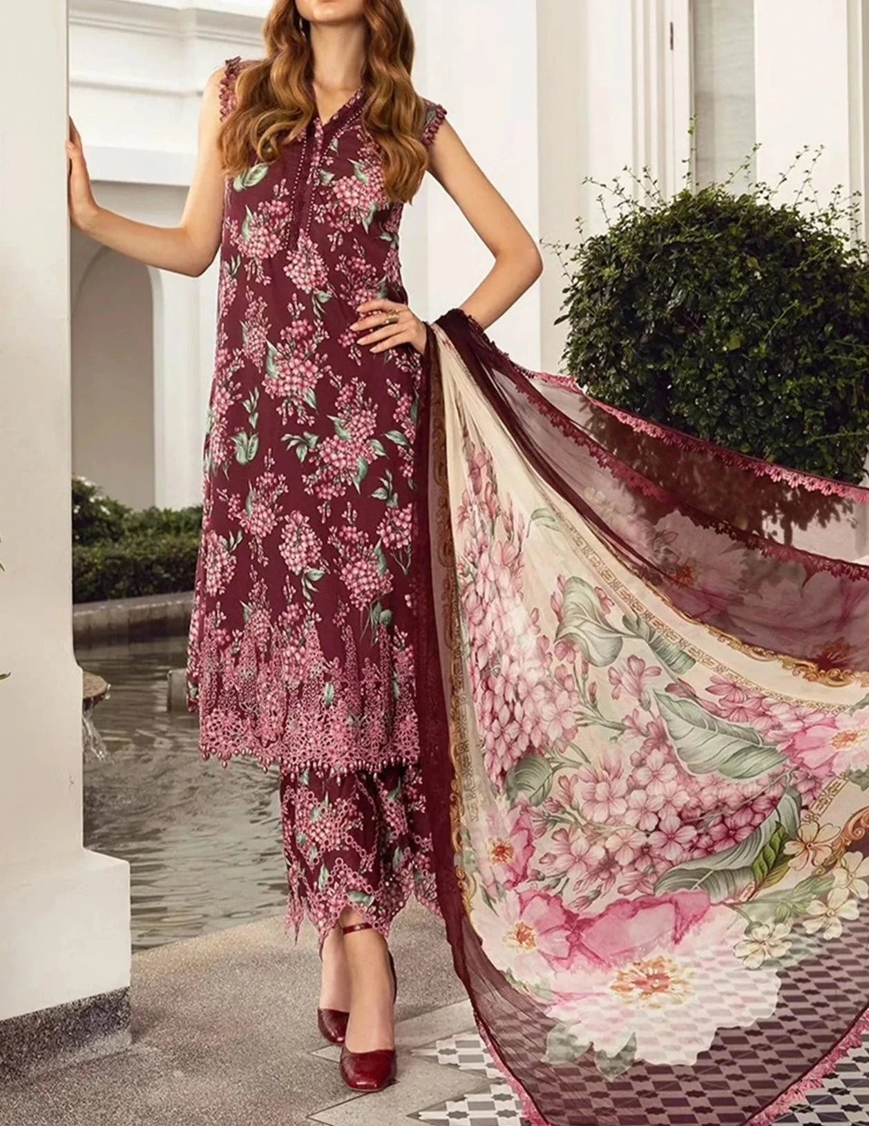 Grace S631-Embroidered 3pc Lawn dress with Printed silk dupatta.