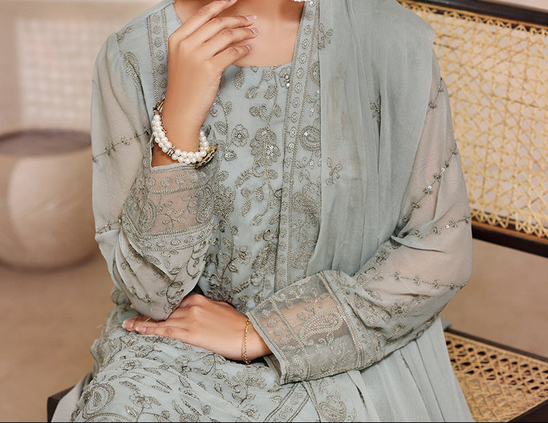 OLIVE WISPER – Embroidered Chiffon Unstitched 3PC Suit.