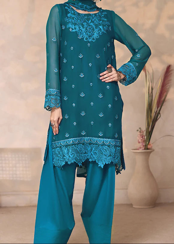 Grace Z(TURQUOISE VEIL) - Stitched Embroidered Chiffon 3PC Suit.