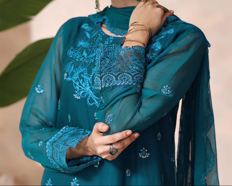 TURQUOISE VEIL – Embroidered Chiffon Unstitched 3PC Suit.