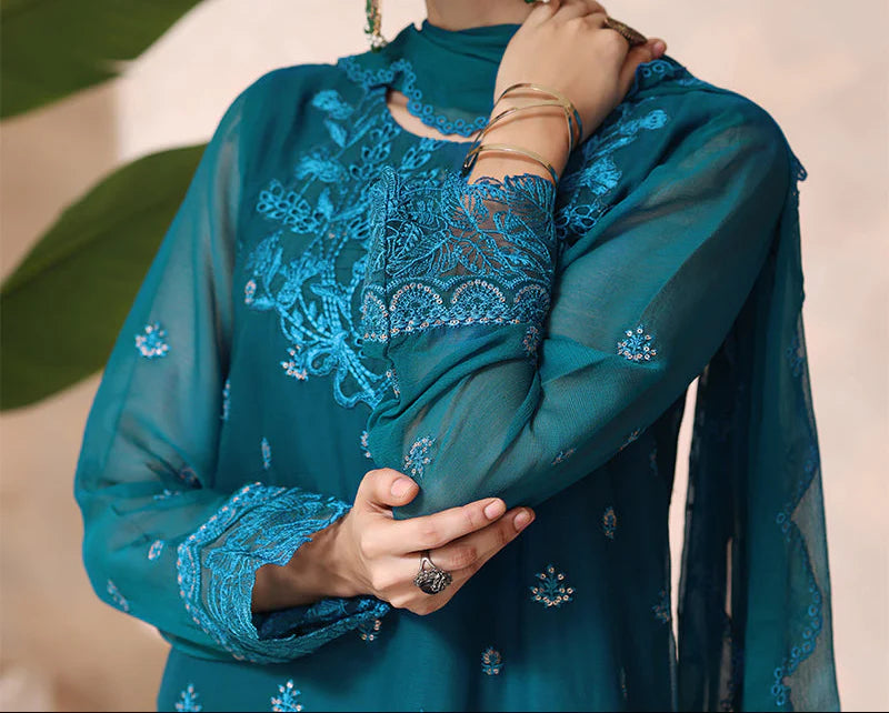 Grace Z(TURQUOISE VEIL) - Stitched Embroidered Chiffon 3PC Suit.