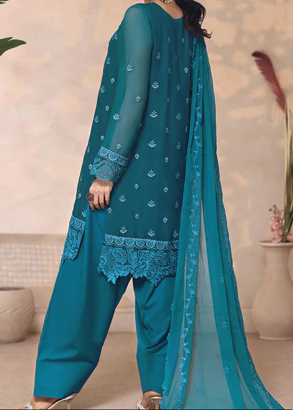 Grace Z(TURQUOISE VEIL) - Stitched Embroidered Chiffon 3PC Suit.