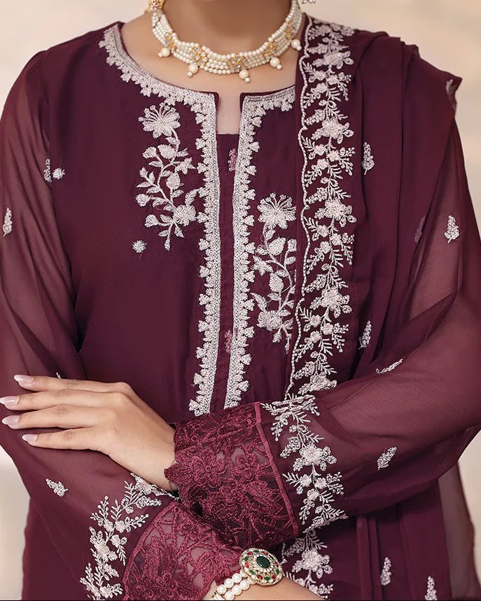 Grace Z-(CHERRY MIST) -Stitched Embroidered Chiffon 3PC Suit.