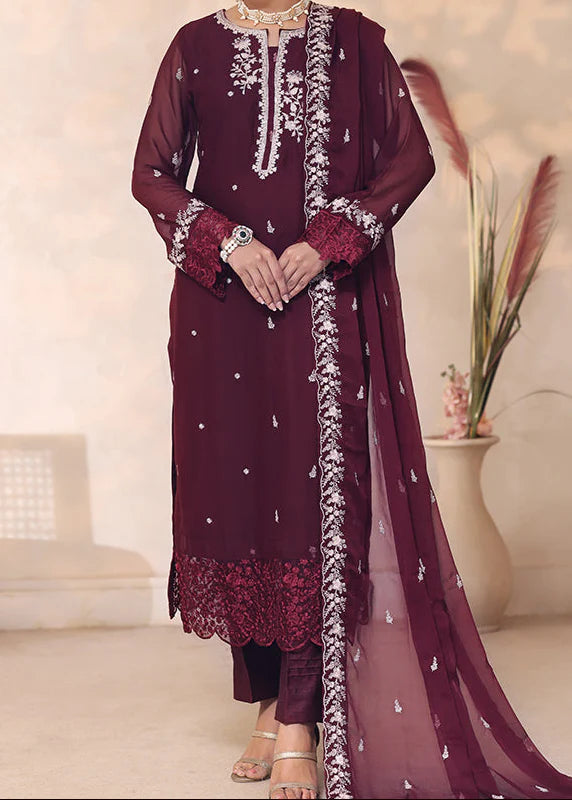 Grace Z-(CHERRY MIST) -Stitched Embroidered Chiffon 3PC Suit.