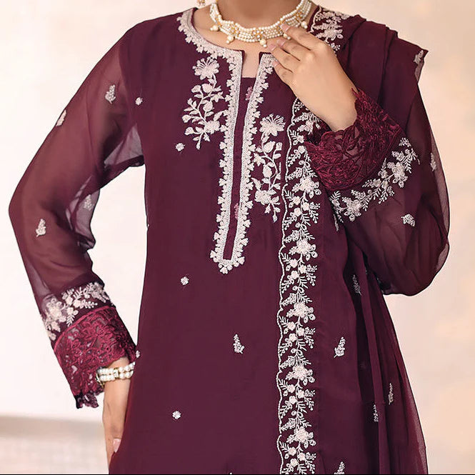 Grace Z-(CHERRY MIST) -Stitched Embroidered Chiffon 3PC Suit.
