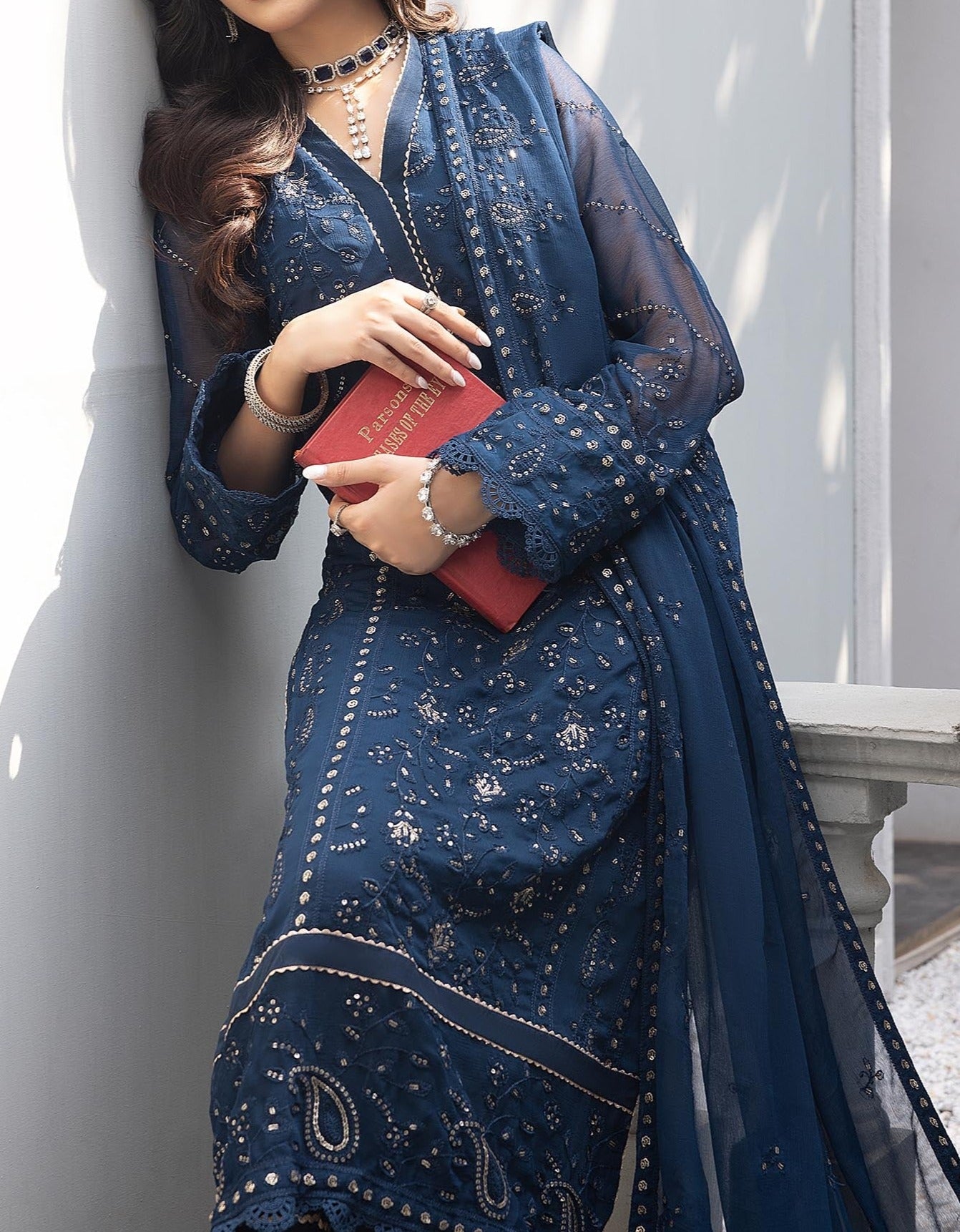 Yale Blue- Embroidered Chiffon Unstitched 3Pc Suit