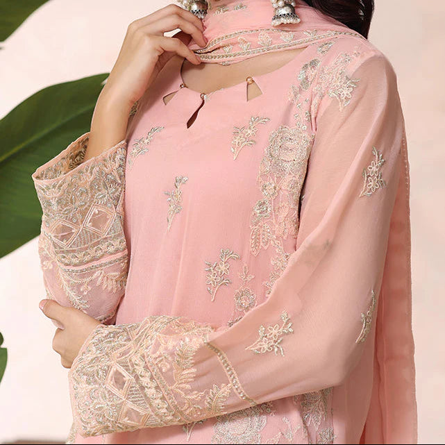 Grace Z(PEACH PETAL) - Stitched Embroidered Chiffon 3PC Suit.
