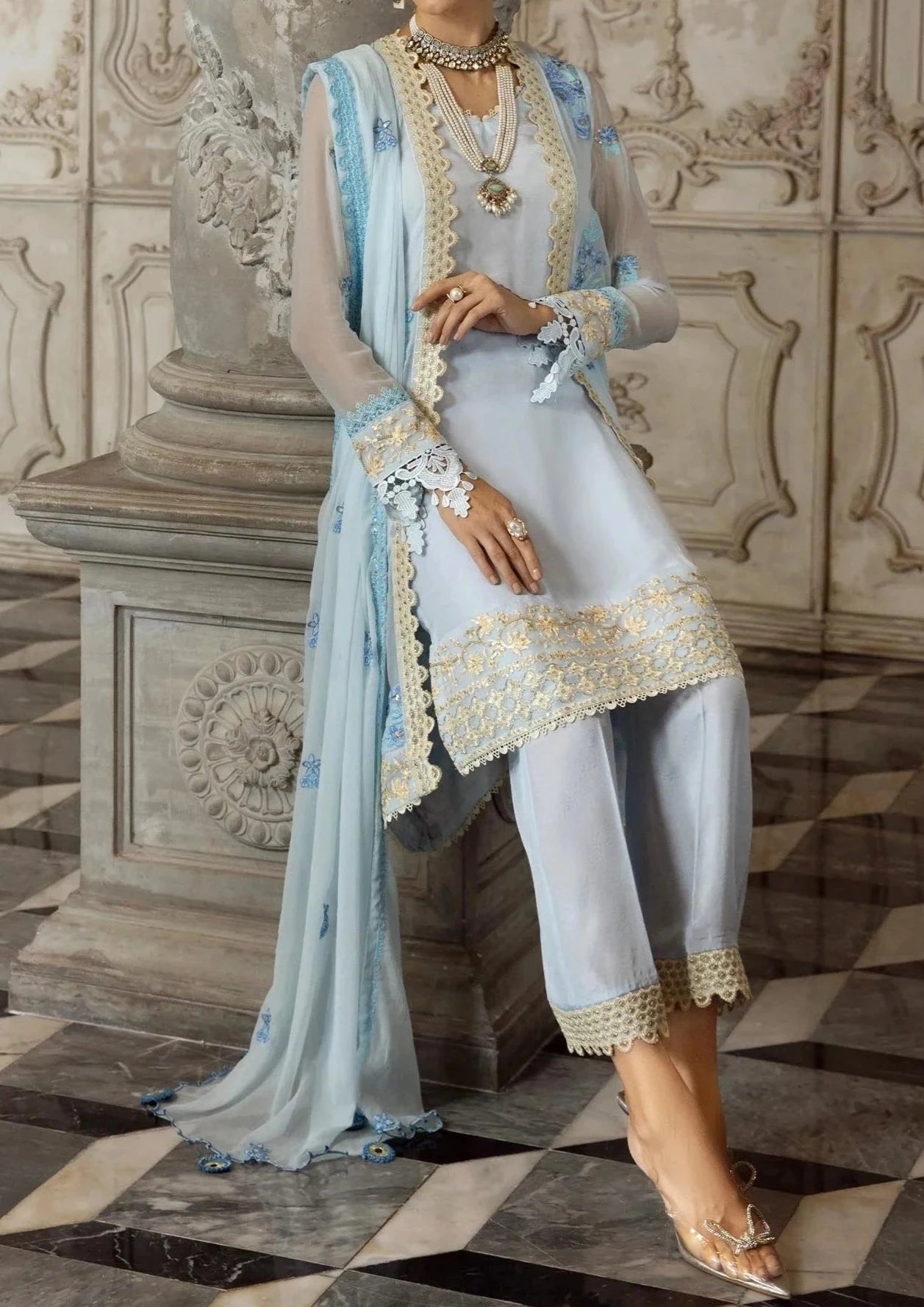 Baby Blue - embroidered chiffon unstitched 3Pc Suit