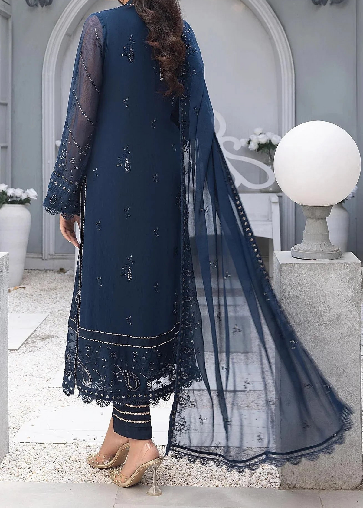 Grace Z - (YALE BLUE) - Stitched Embroidered Chiffon 3PC Suit.