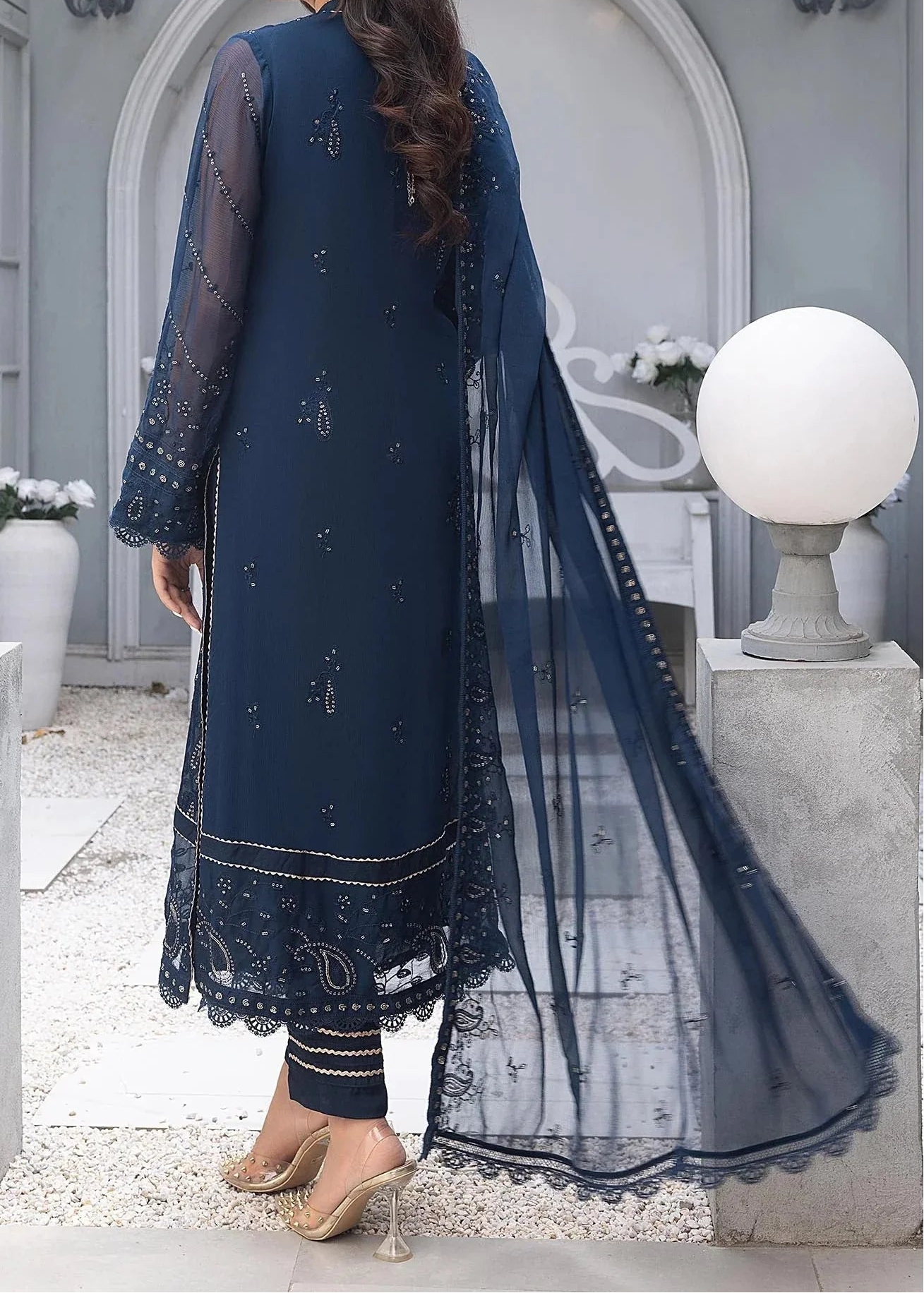Grace Z - (YALE BLUE) - Stitched Embroidered Chiffon 3PC Suit.