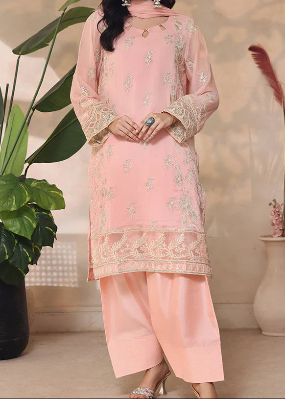 Grace Z(PEACH PETAL) - Stitched Embroidered Chiffon 3PC Suit.