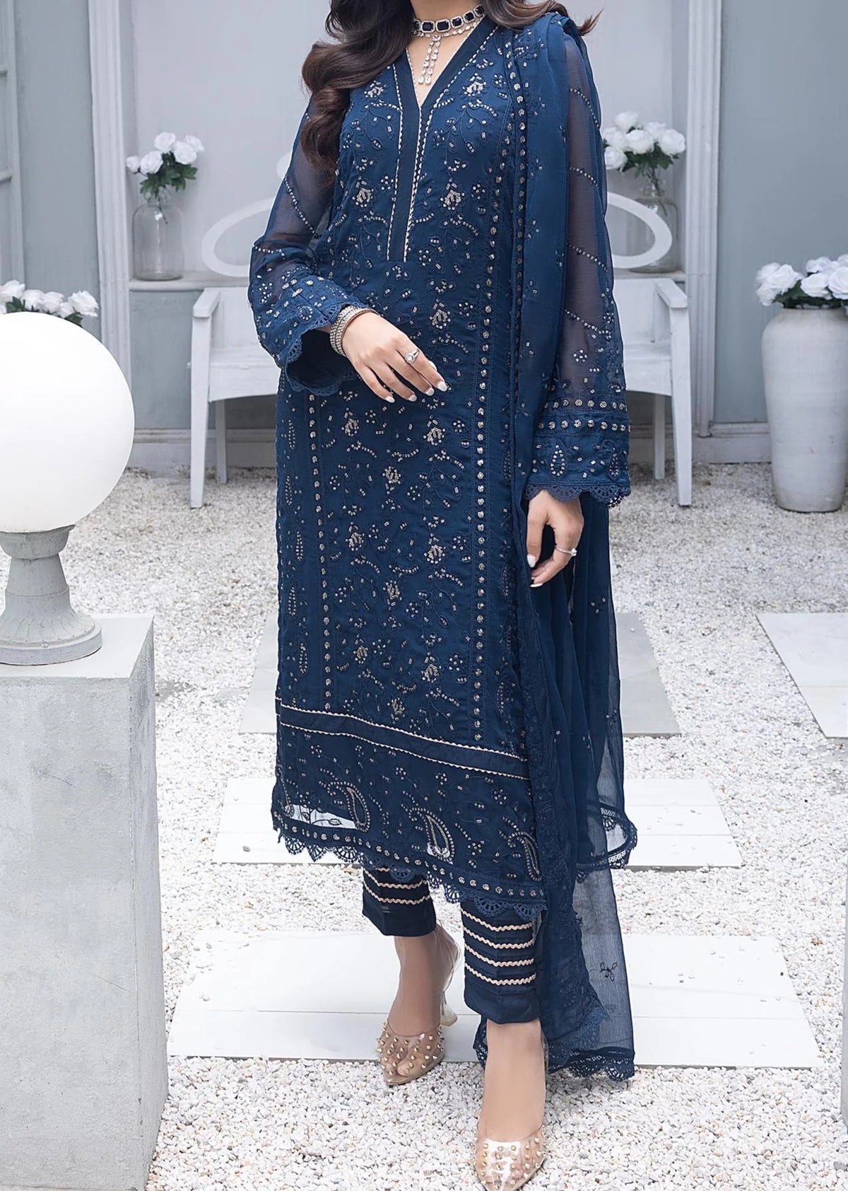 Grace Z - (YALE BLUE) - Stitched Embroidered Chiffon 3PC Suit.