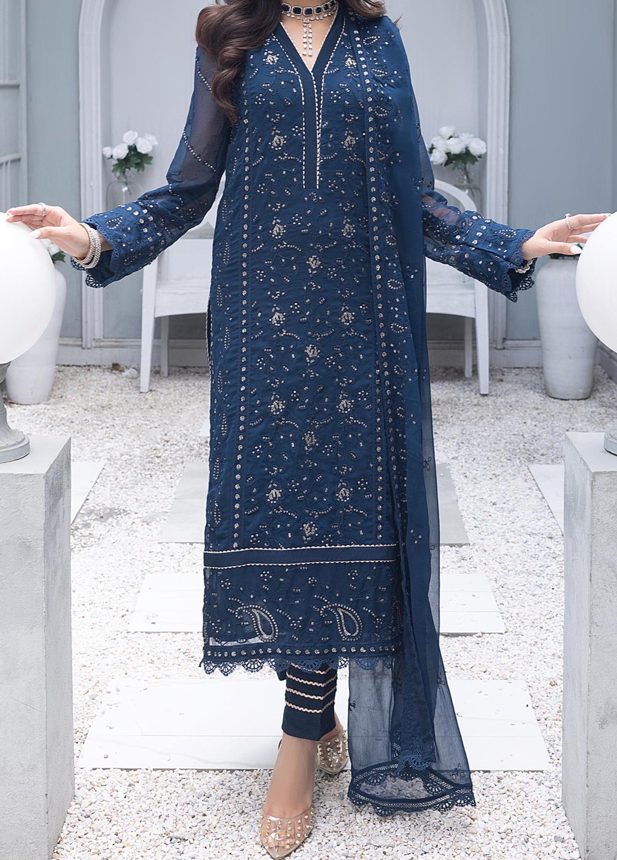 Yale Blue- Embroidered Chiffon Unstitched 3Pc Suit