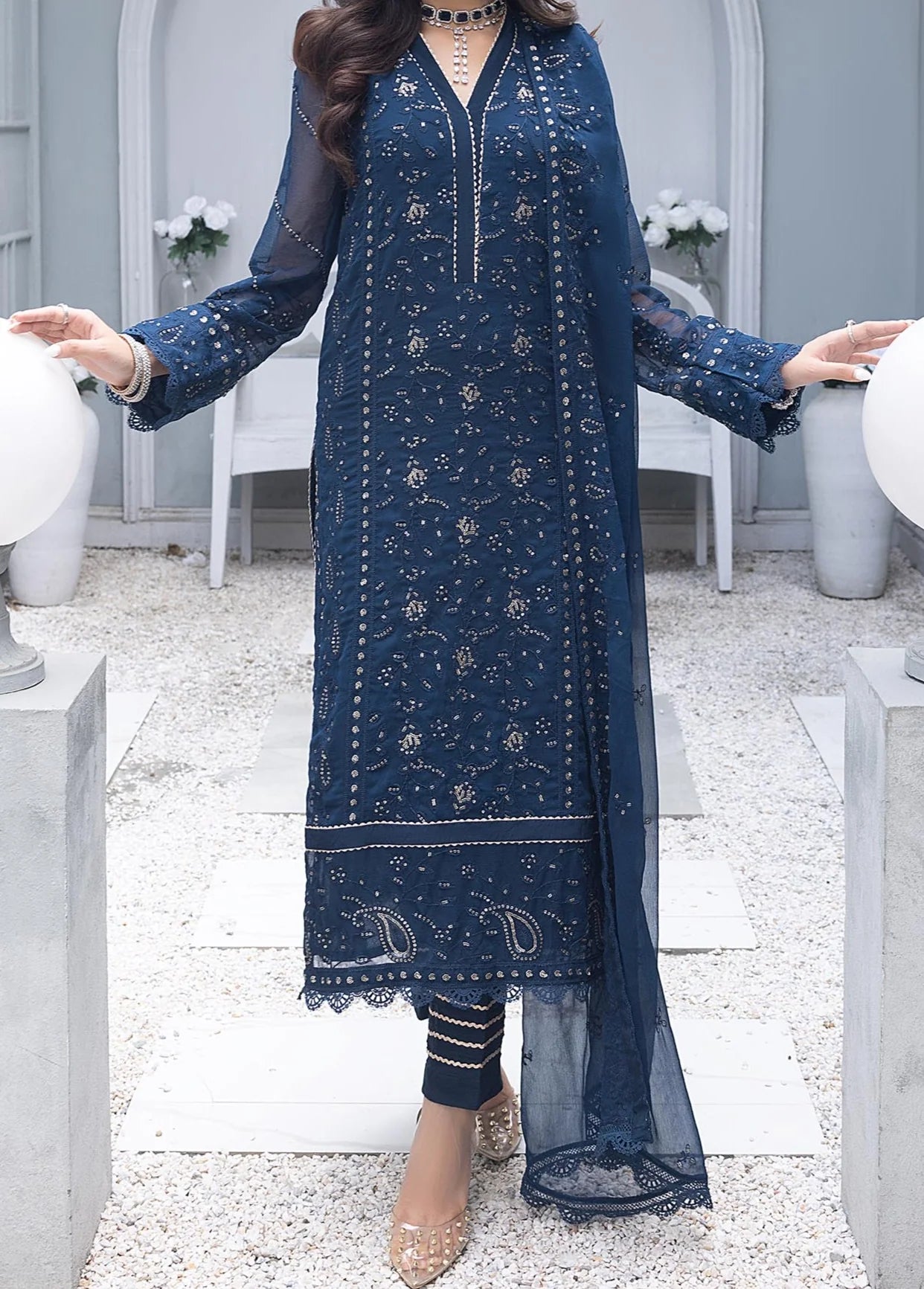 Grace Z - (YALE BLUE) - Stitched Embroidered Chiffon 3PC Suit.