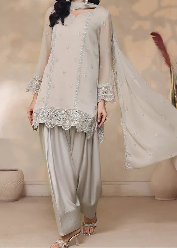 Grace Z-(SMOKEY ELEGANCE) - Stitched Embroidered Chiffon 3PC Suit.