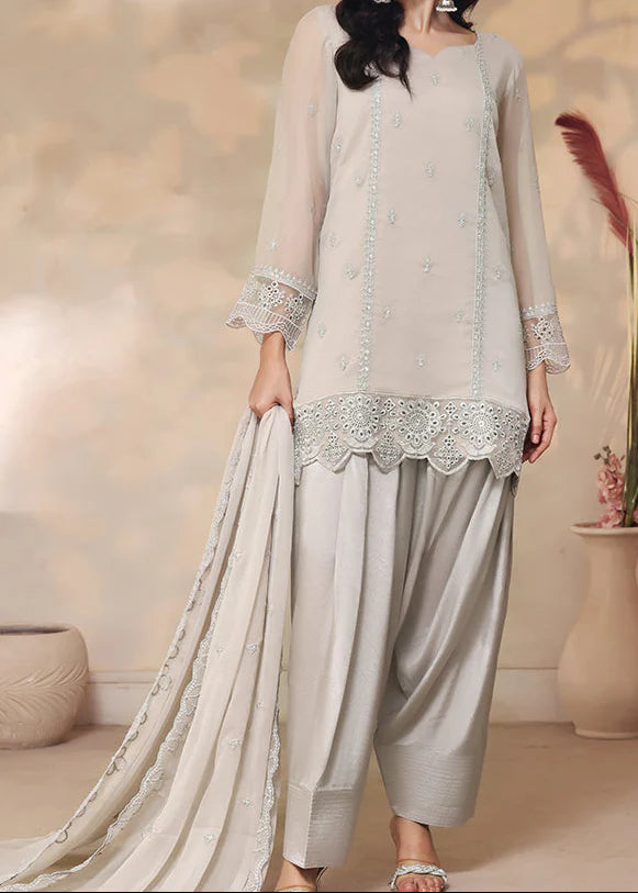 Grace Z-(SMOKEY ELEGANCE) - Stitched Embroidered Chiffon 3PC Suit.