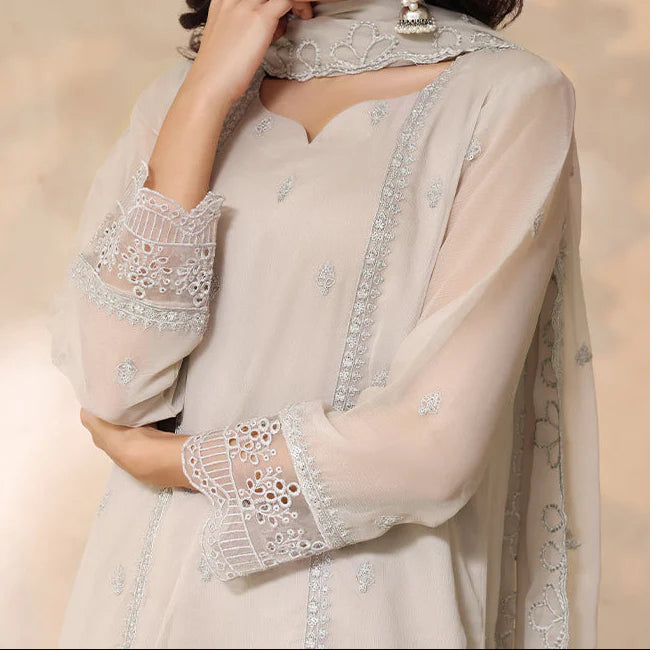 Grace Z-(SMOKEY ELEGANCE) - Stitched Embroidered Chiffon 3PC Suit.