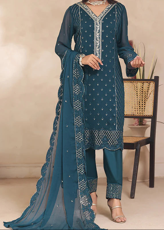 Grace Z(MOONLIT OCEAN) - Stitched Embroidered Chiffon 3PC Suit.