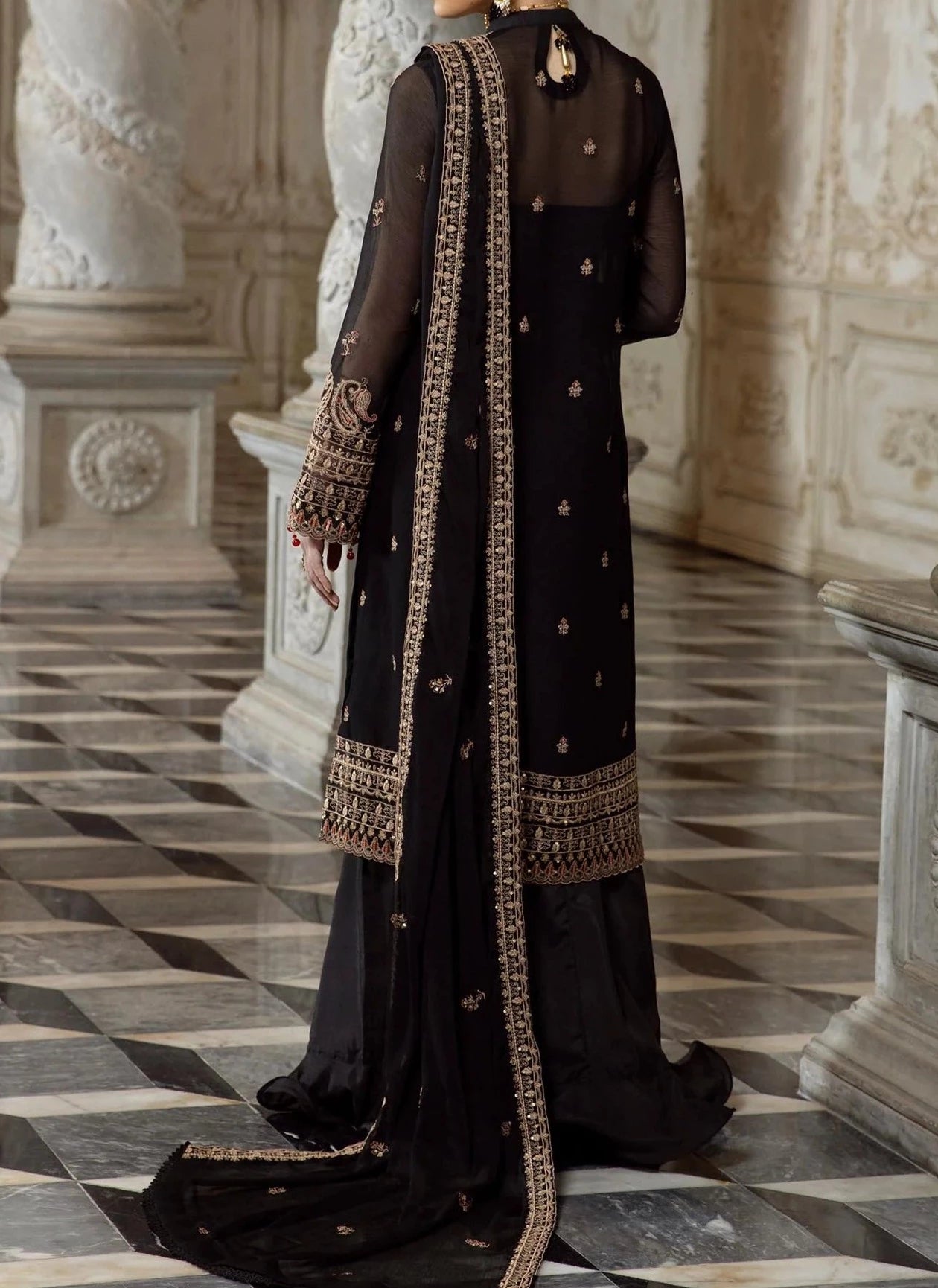 Rich Black- embroidered chiffon unstitched 3Pc Suit