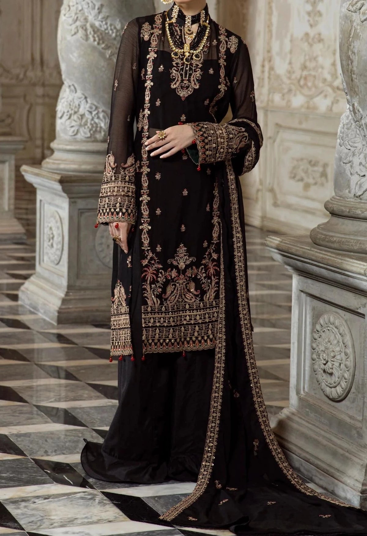 Rich Black- embroidered chiffon unstitched 3Pc Suit