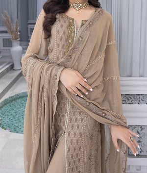 Moss Brown- Embroidered Chiffon Unstitched 3Pc Suit