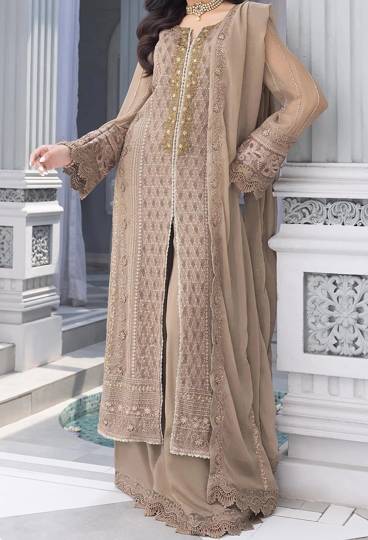 Moss Brown- Embroidered Chiffon Unstitched 3Pc Suit