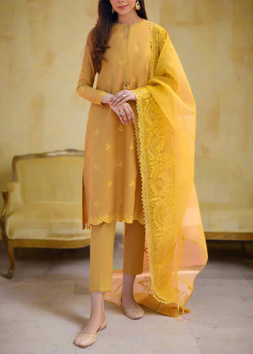 Grace Z-(W608)- Stitched Embroidered 3pc Linen Dress with Embroidered Organza Dupatta.