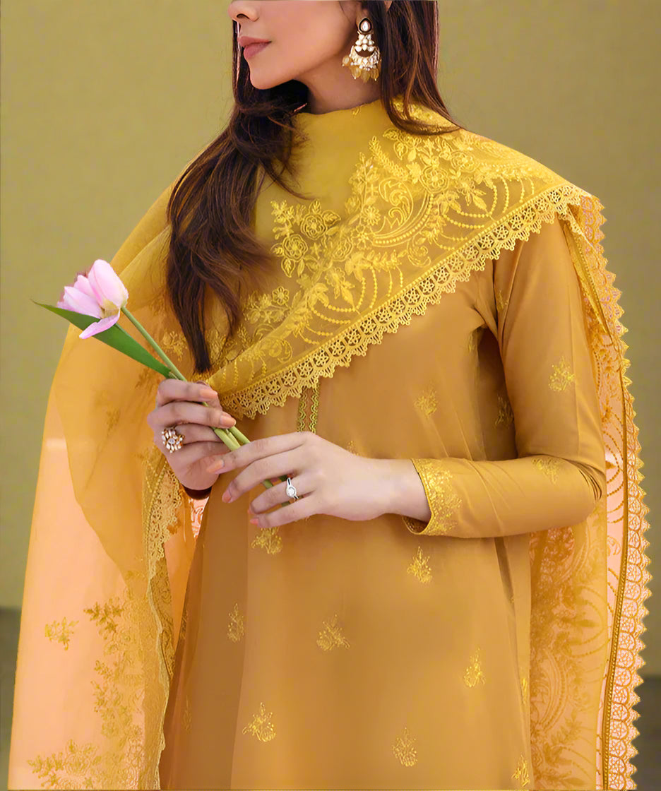 Grace W608- Embroidered 3pc Linen Dress with Embroidered Organza Dupatta.