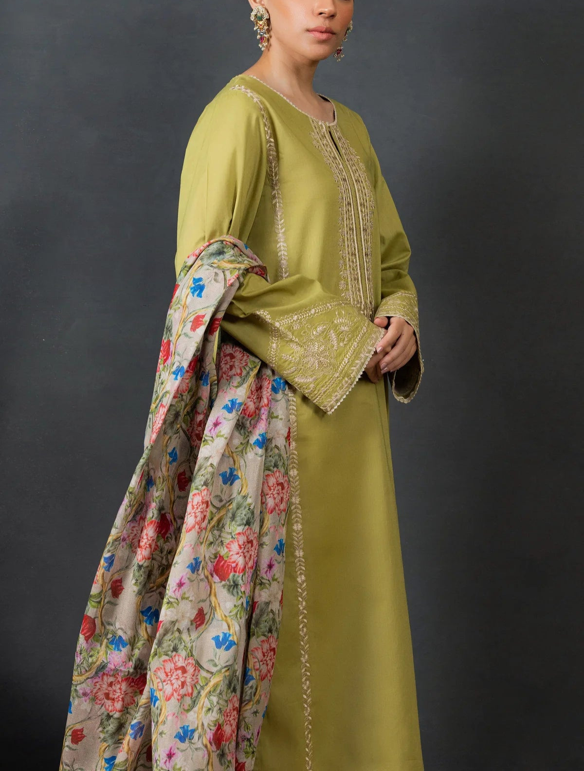 Grace W606-Embroidered 3pc Marina Dress With Printed Shawl.