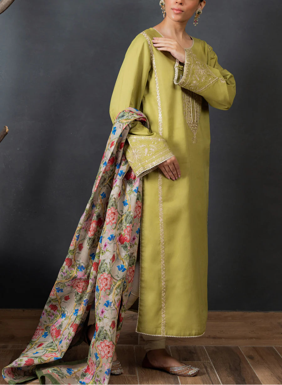 Grace W606-Embroidered 3pc Marina Dress With Printed Shawl.