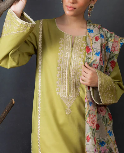 Grace Z-(W606)- Stitched Embroidered 3pc Marina Dress With Printed Shawl.