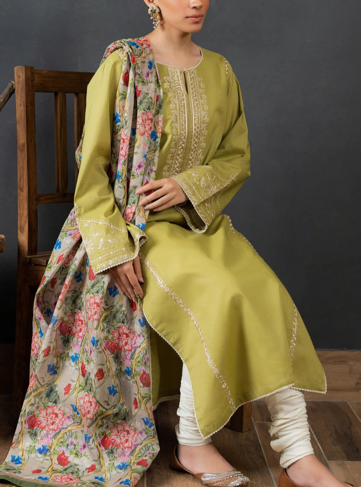 Grace W606-Embroidered 3pc Marina Dress With Printed Shawl.