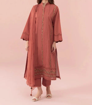 Grace W323- Embroidered 3pc Linen dress with Embroidered Chiffon dupatta.