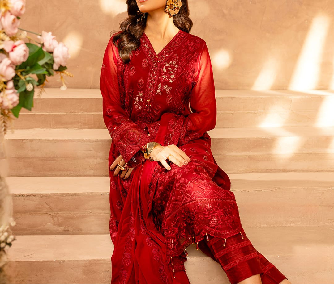 WINE SCARLET– Embroidered Chiffon Unstitched 3Pc Suit.