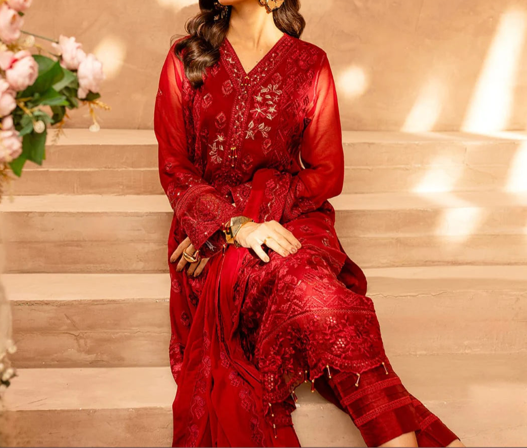 WINE SCARLET– Embroidered Chiffon Unstitched 3Pc Suit.