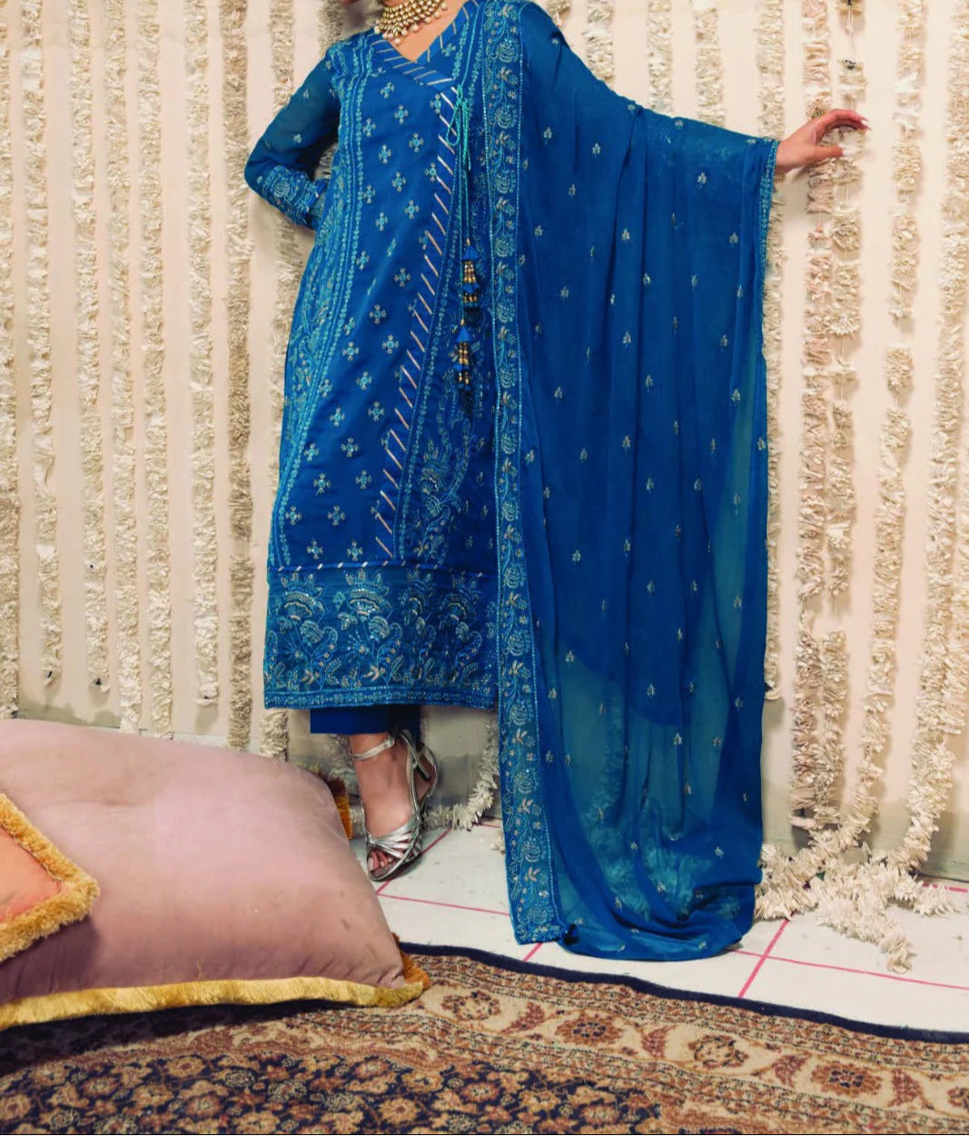 Grace Z-(BLUE NOVA) -Stitched Embroidered chiffon 3Pc Suit
