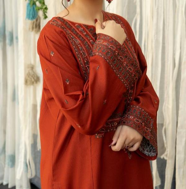 Grace Z-(W527)- Stitched Embroidered 3PC Marina Dress With Printed Shawl.