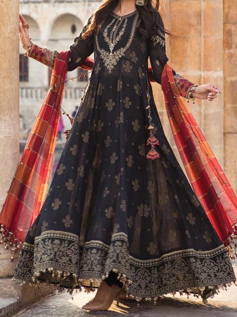 Grace W181- Embroidered 3pc linen dress with printed organza dupatta