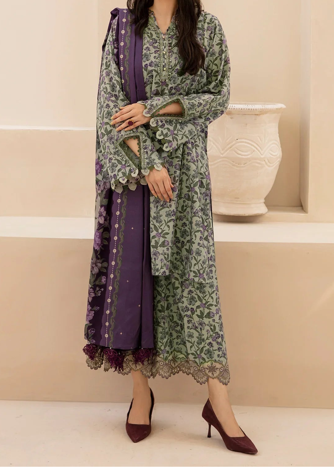 Grace W816 - Digital Printed 3pc Karandi Dress With Digital Printed Karandi Shawl.