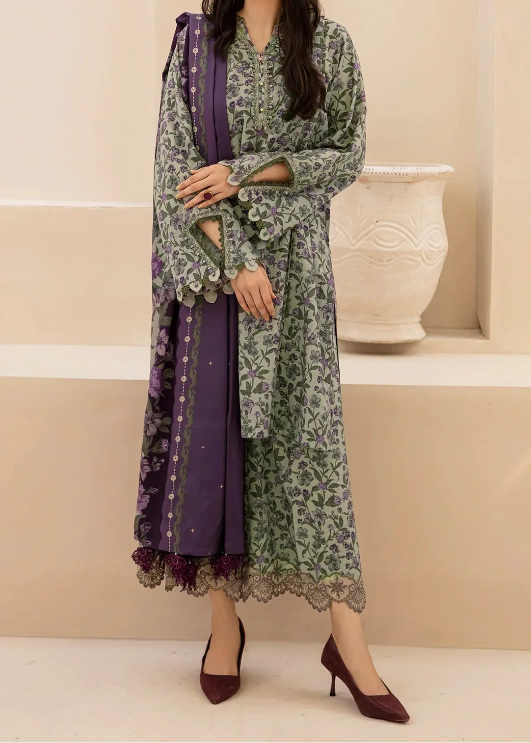 Grace Z-(W816) - Stitched Digital Printed 3pc Karandi Dress With Digital Printed Karandi Shawl.