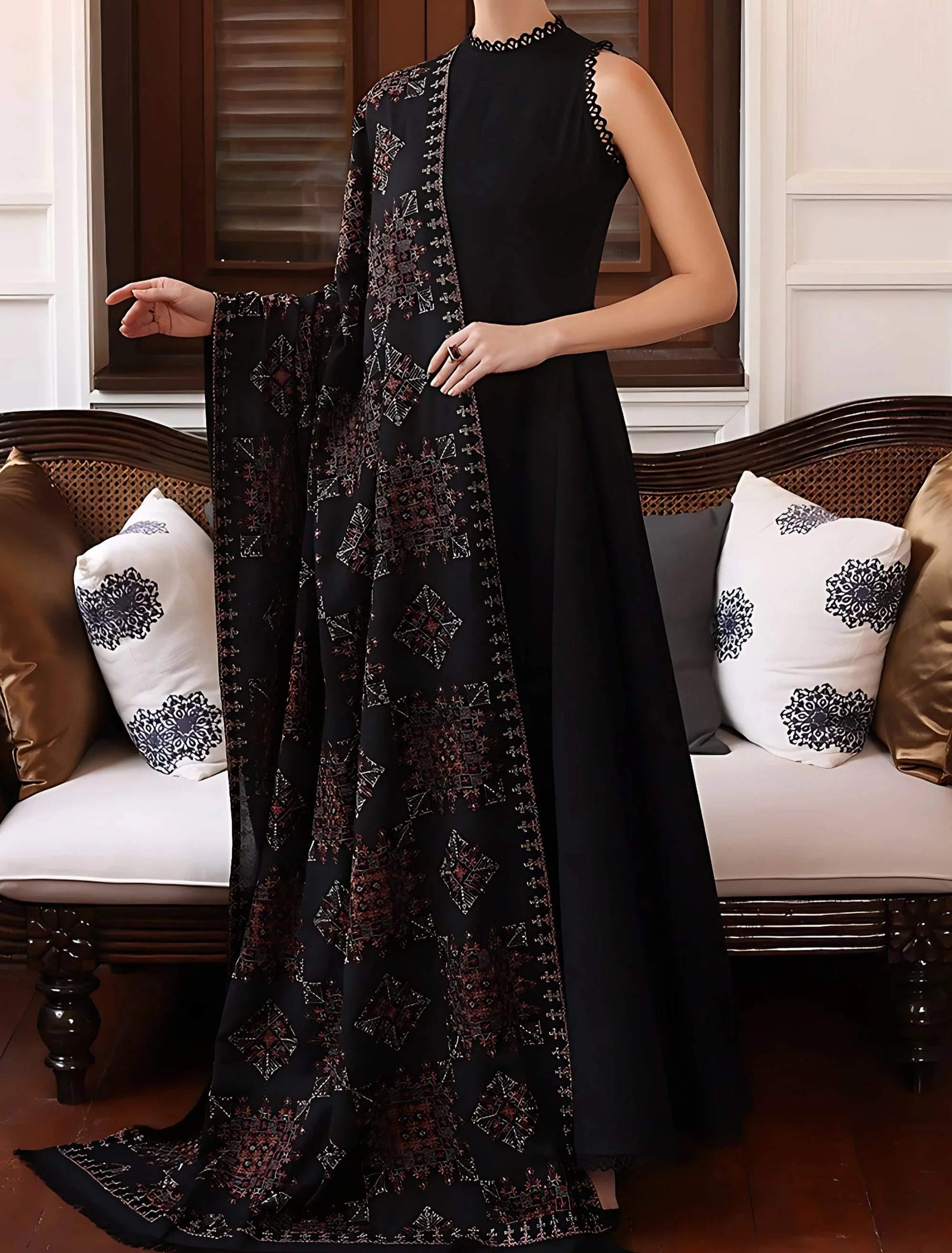 Sarinnah Premium D73-Luxury Formal Heavy Embroidered Karandi Shawl.