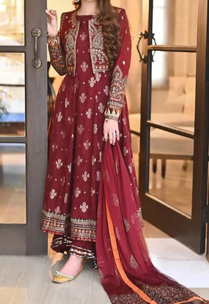 Grace W291- Embroidered 3pc Kataan Silk dress With Embroidered chiffon dupatta.