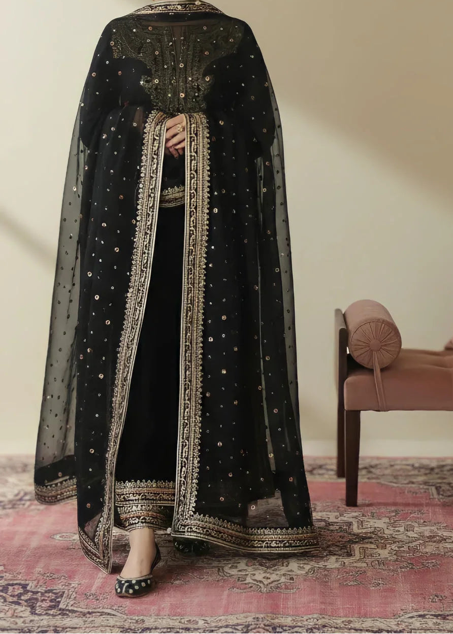 Grace W1120-Embroidered Sequence 3pc Velvet Dress With Embroidered Sequence Chiffon Dupatta.