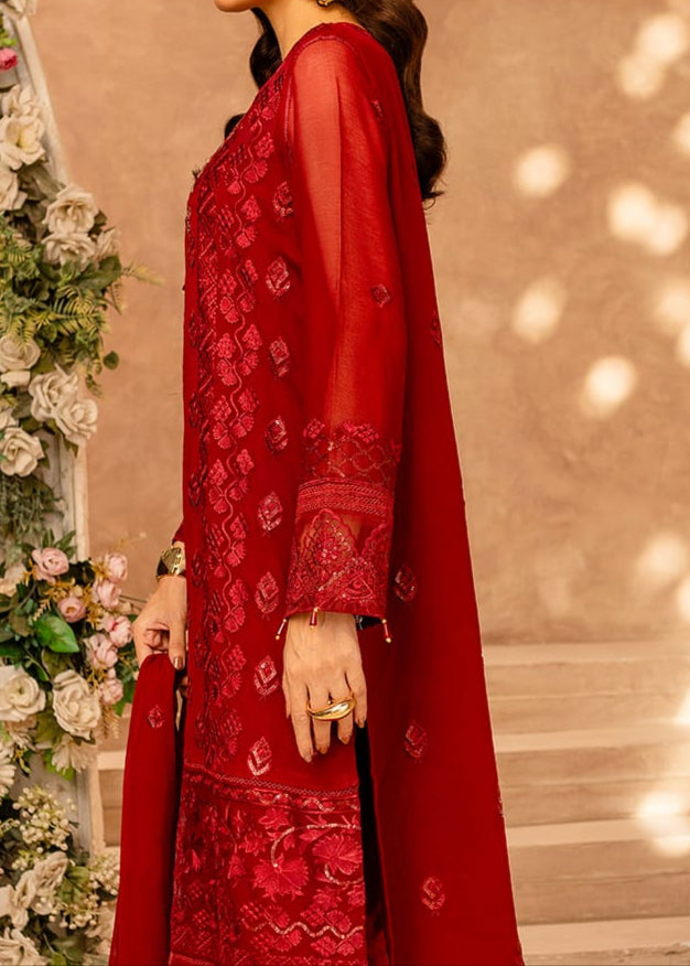WINE SCARLET– Embroidered Chiffon Unstitched 3Pc Suit.