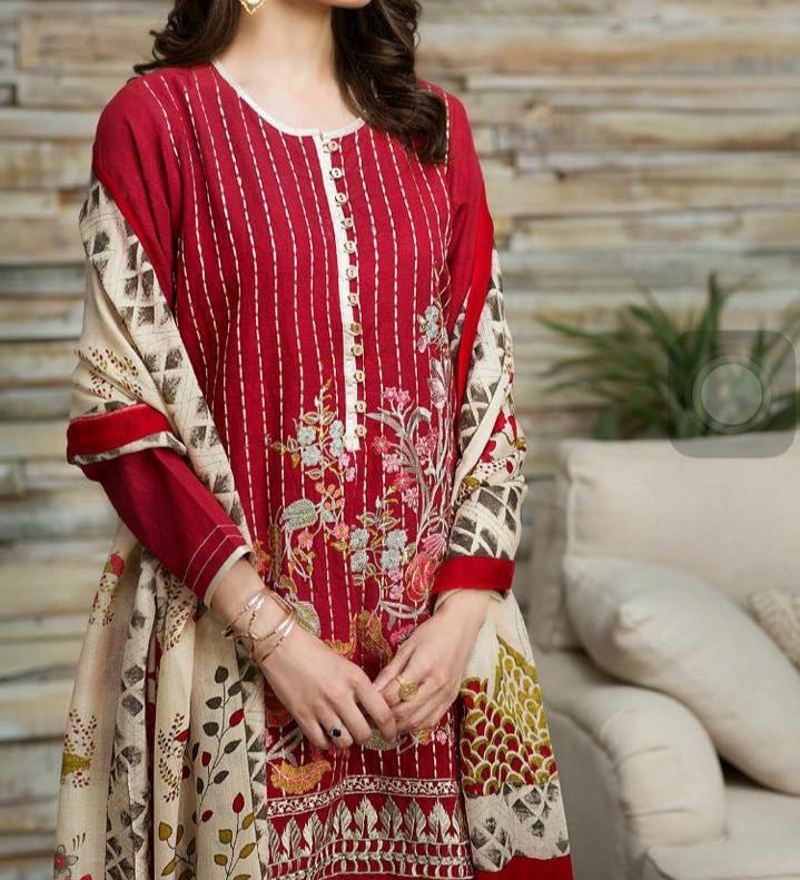 Grace W534-Embroidered 3pc khaddar dress With Printed shawl.