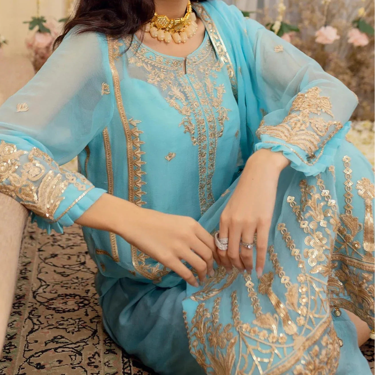 Grace Z - (Sky Blue) - Stitched Embroidered Chiffon 3PC Suit.
