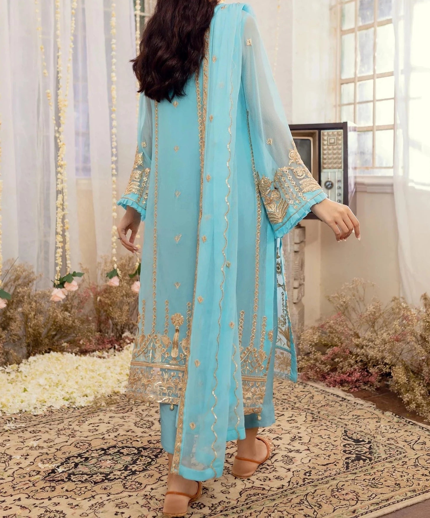 Sky Blue -Embroidered Chiffon Unstitched 3Pc Suit