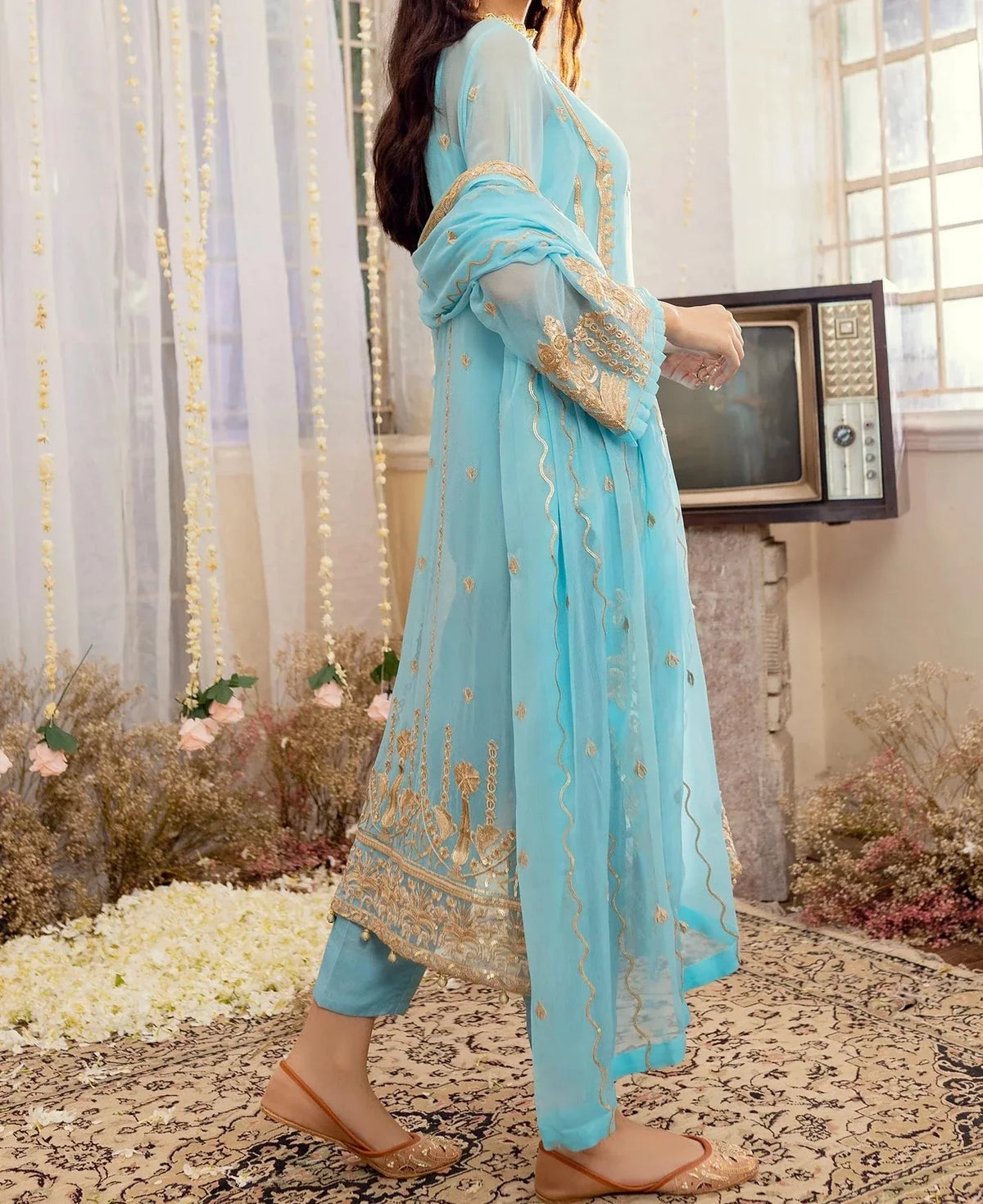 Grace Z - (Sky Blue) - Stitched Embroidered Chiffon 3PC Suit.