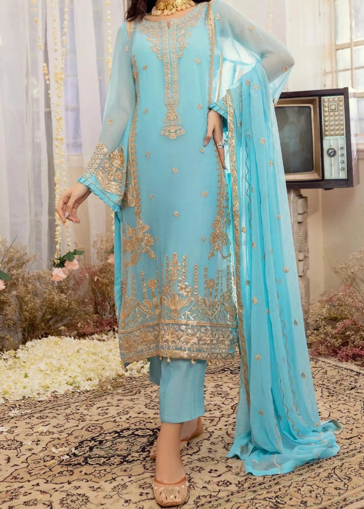 Grace Z - (Sky Blue) - Stitched Embroidered Chiffon 3PC Suit.